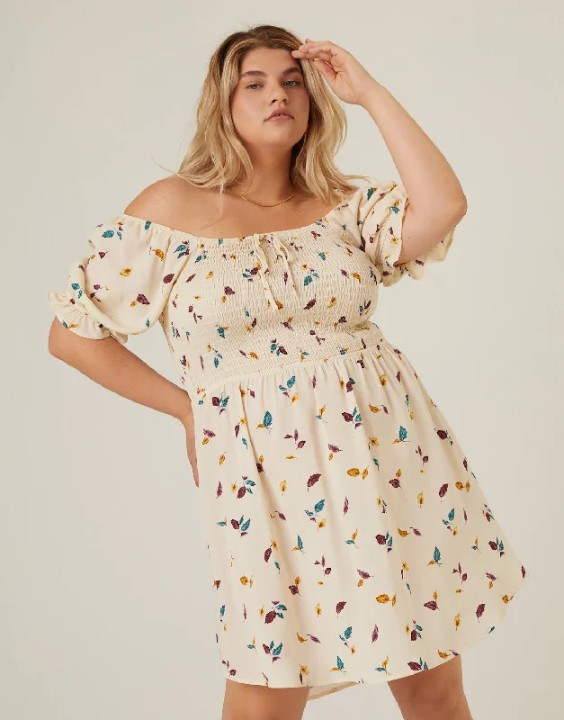 Plus Size Leaf Print Smocked Dress