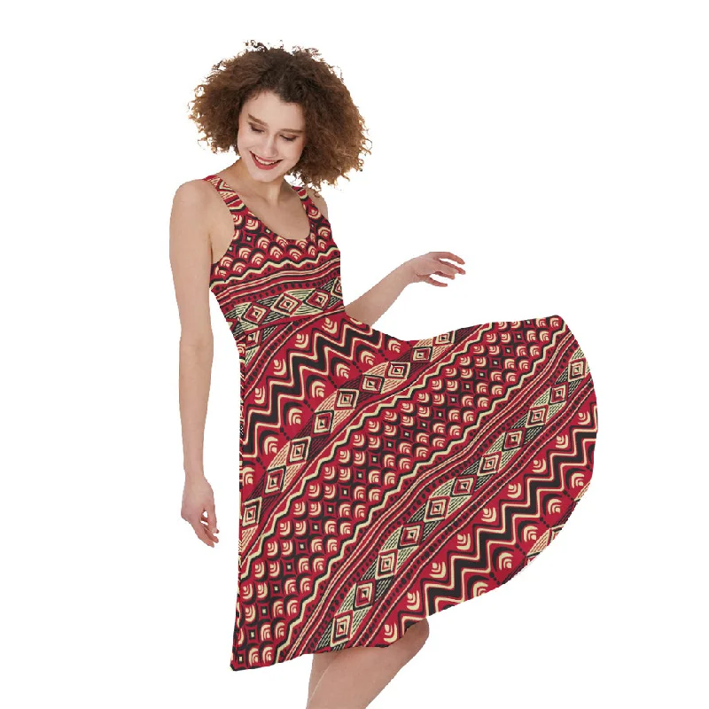 Red African Tribal Pattern Print Sleeveless Knee Length Dress