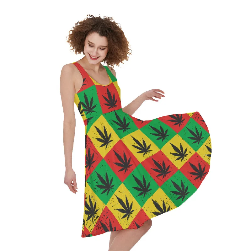 Reggae Marijuana Leaf Pattern Print Sleeveless Knee Length Dress