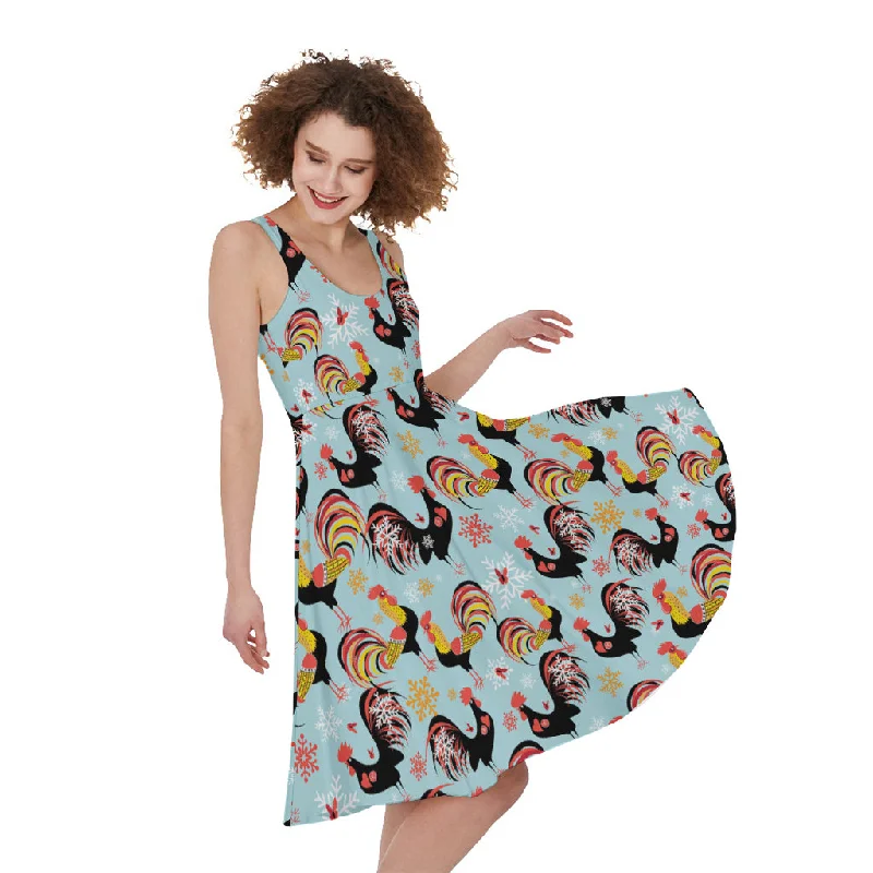 Rooster And Snowflake Pattern Print Sleeveless Knee Length Dress