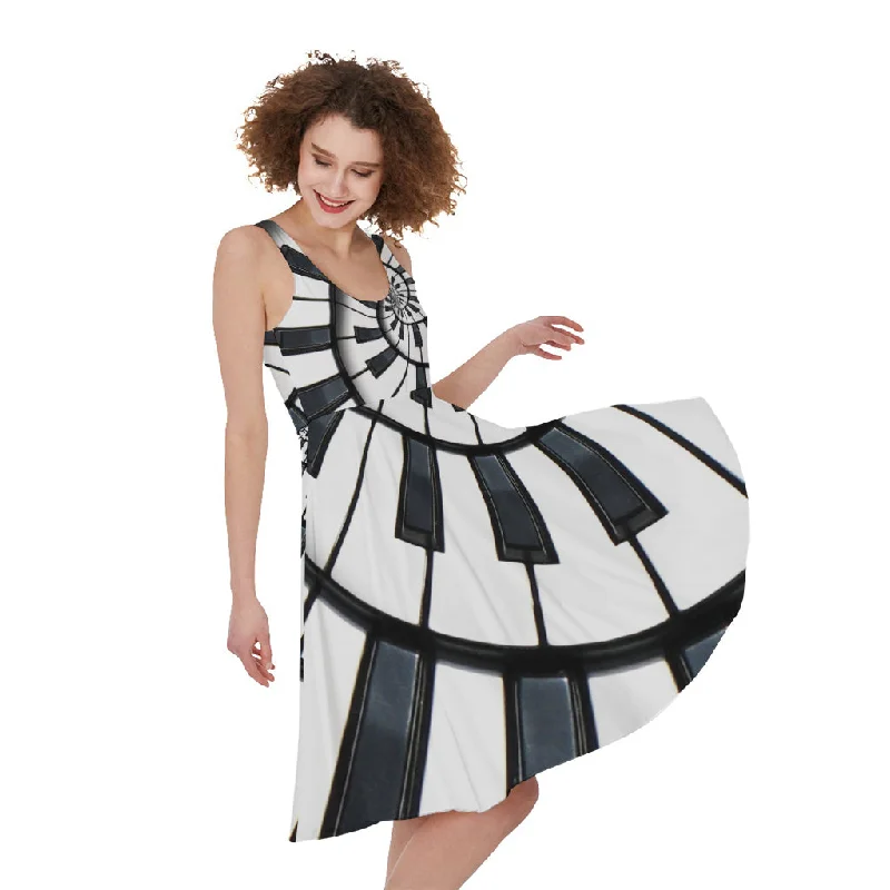 Spiral Piano Keyboard Print Sleeveless Knee Length Dress