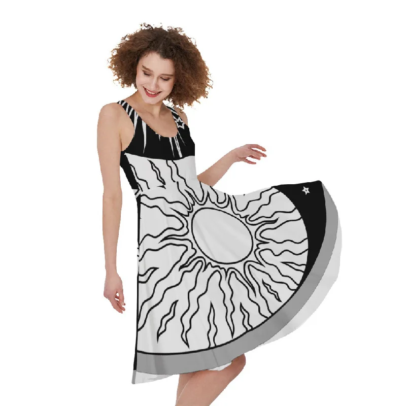 Sun And Moon Yin Yang Print Sleeveless Knee Length Dress