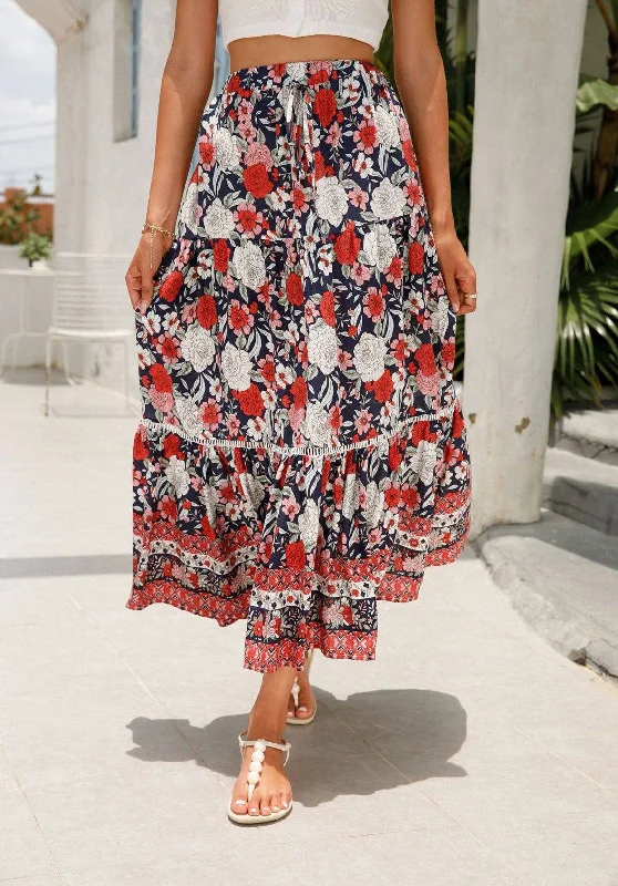 Red & White Roses Midi Hippie Skirt