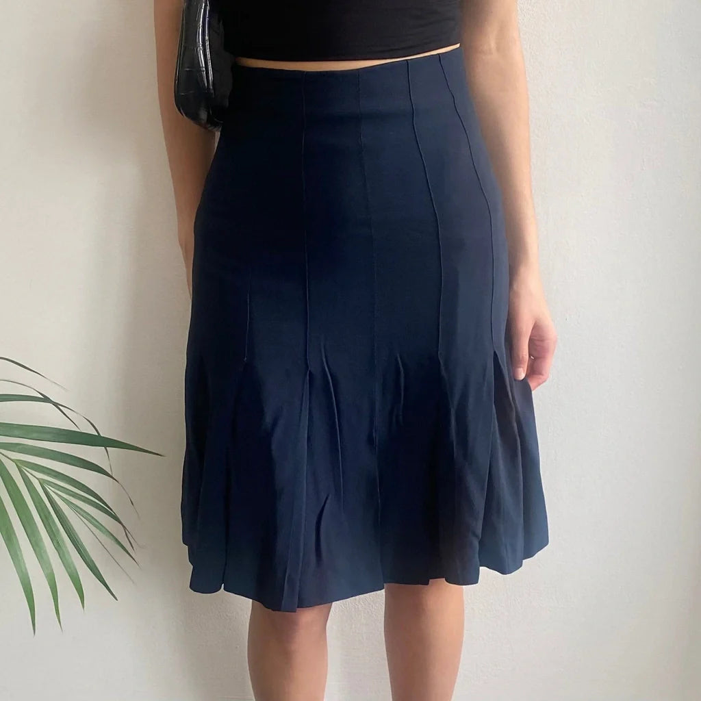 Chanel Midi Pleated Skirt - 24W UK 4 Navy Wool Blend